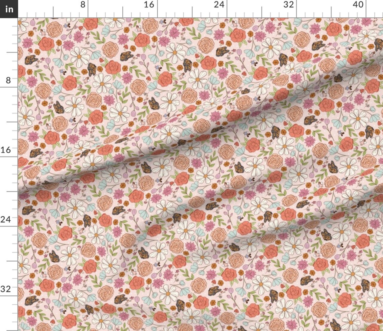 Spring Floral Butterflies Coral Pink Smaller Scale Wildflower Meadow Custom Printed Fabric by Spoonflower Various Fabrics by the Yard or Fat Quarter